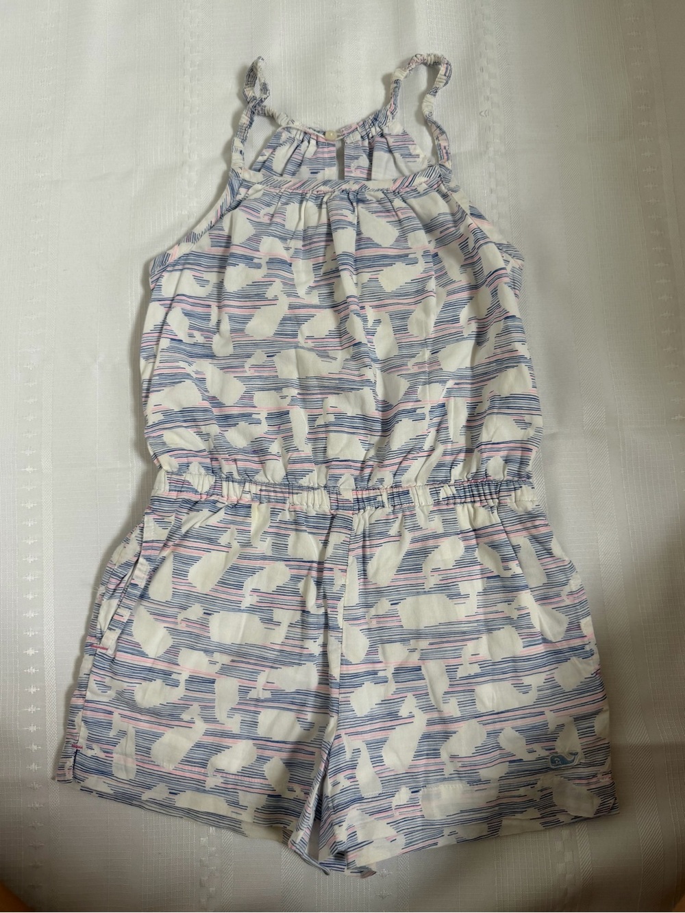 Vineyard Vines White Romper with Blue & Pink Stripes and Bird Print